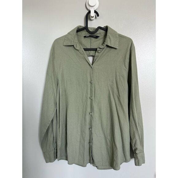 Zara EUC Linen Opeb Back Button Down Shirt Size M Khaki Green - Picture 11 of 12